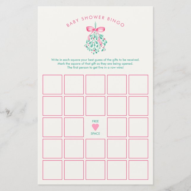 Pink Mistletoe Baby Shower Bingo Game (Front)