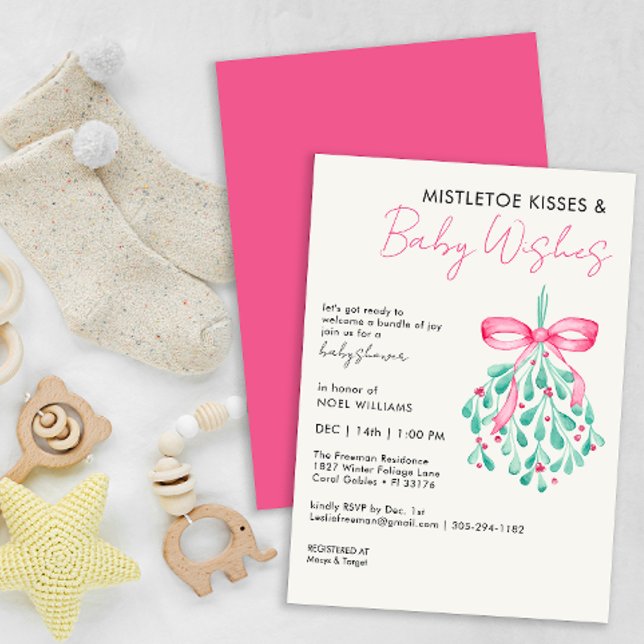 Pink Mistletoe Baby Shower Invitation for Girls (Pink Mistletoe Winter Baby Shower Invitation)