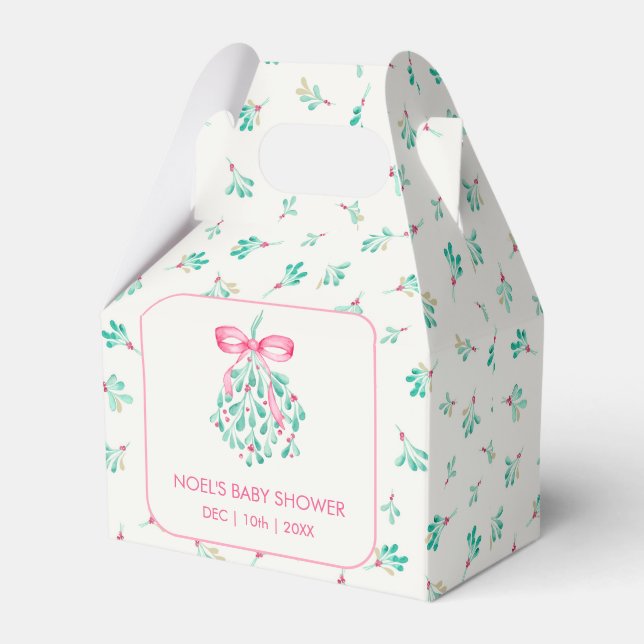 Pink Mistletoe Christmas Baby Shower Favor Box (Front Side)