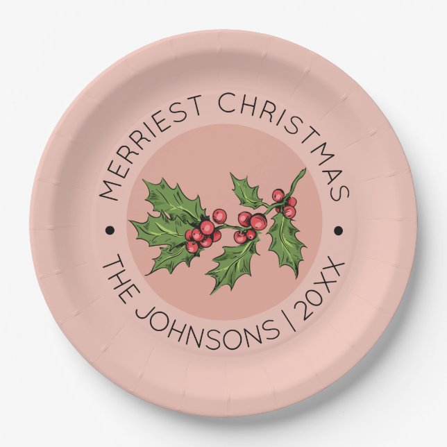 Pink Mistletoe Christmas Holiday Party Paper Plates (Front)