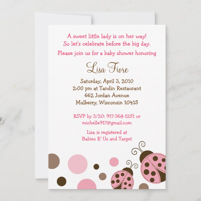Pink Mod Ladybug Dot Baby Shower Invitations (Front)