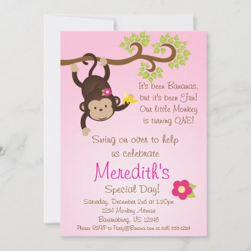 Pink Mod Monkey Girls Birthday Party Invite