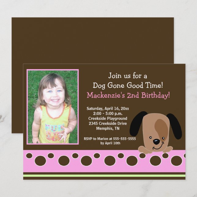 Pink Mod Puppy *PHOTO* Birthday 5x7 Invitation (Front/Back)