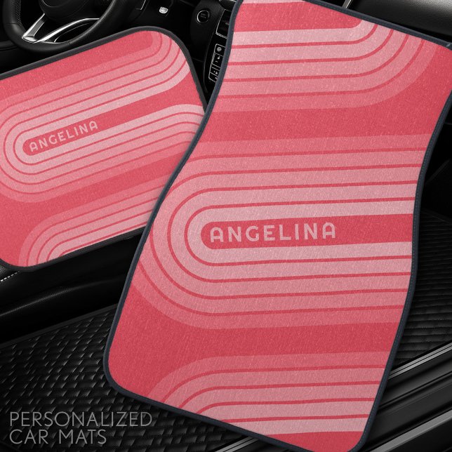 Pink Mod Retro Striped Pattern Custom Name Car Floor Mat (Personalized Car Mats)