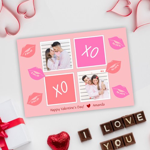 Pink Modern 2 Photo Couple Happy Valentines Day  Holiday Card
