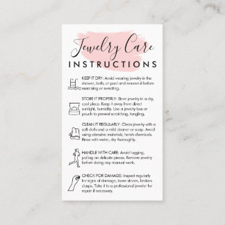 Pink Modern 5 Jewelry Care Instructions Business Card
