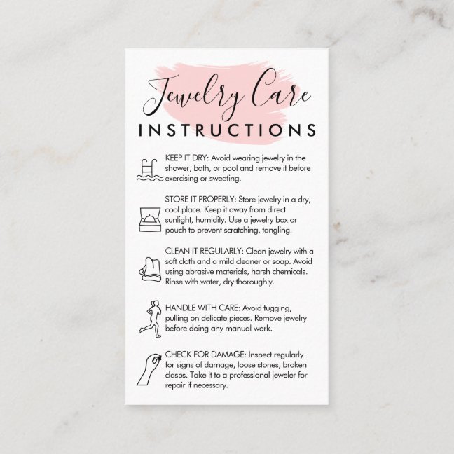 Pink Modern 5 Jewelry Care Instructions Business Card