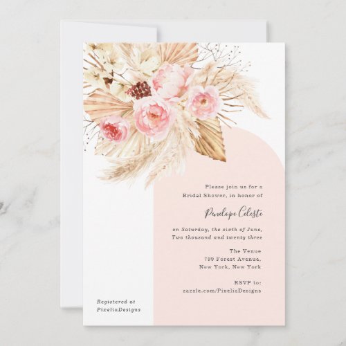Pink Modern Arch Boho Floral Pampas Bridal Shower Invitation