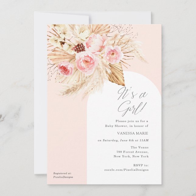 Pink Modern Arch Boho Floral Pampas Its a girl Invitation (Front)