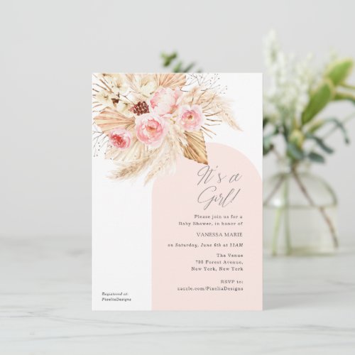 pink modern arch its a girl boho floral pampas  invitation