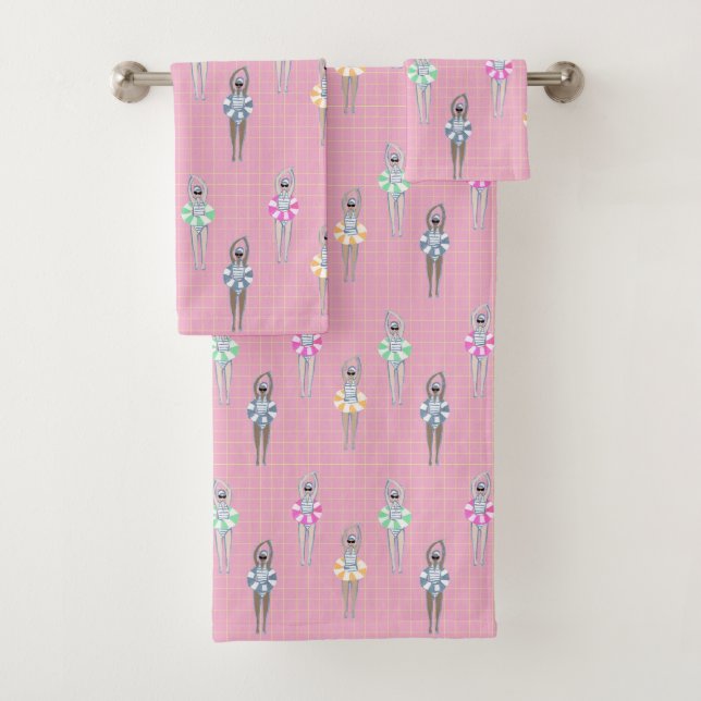 Pink Modern Artistic Swimmers Swimming Pool  Bath Towel Set (Insitu)