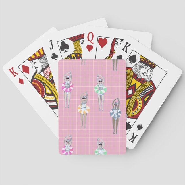 Pink Modern Artistic Swimmers Swimming Pool  Poker Cards (Back)