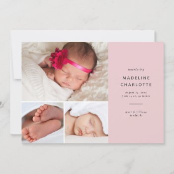 Pink Modern Baby Girl Multi-photo Birth Announcement by dulceevents at Zazzle
