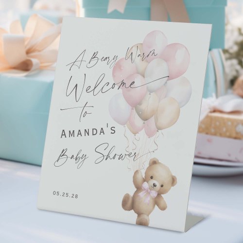 Pink Modern Baby Girl Shower Bearly wait Welcome Pedestal Sign