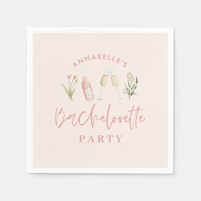 Pink modern bachelorette wildflower champagne napkins (Front)