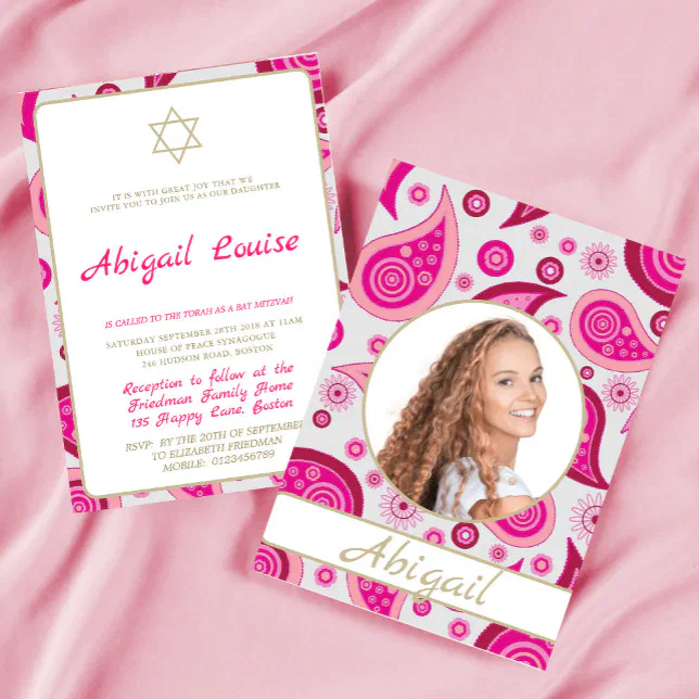 Pink Modern Bat Mitzvah Photo Invitation | Zazzle