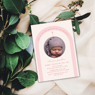 Pink Modern Boho Arch Cross Girl Photo Baptism Invitation