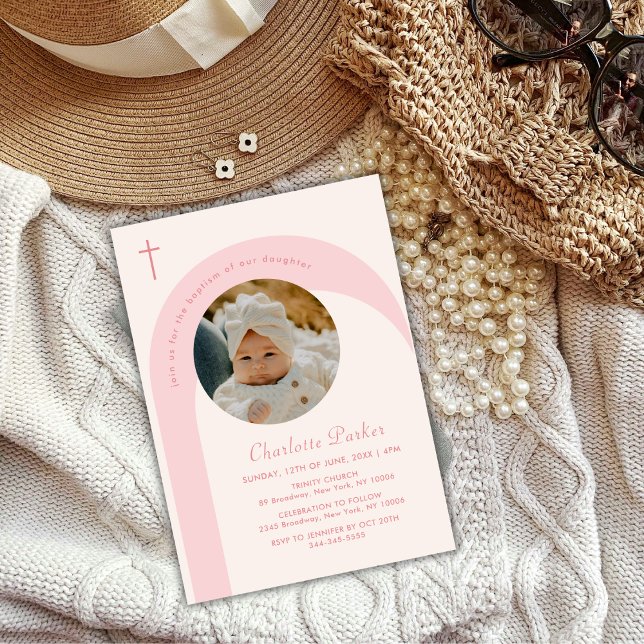 Pink Modern Boho Arch Cross Girl Photo Baptism Invitation (Pink Modern Boho Arch Cross Girl Photo Baptism Invitation)