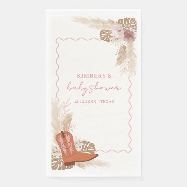 Pink Modern Boho Cowgirl Boots Pampas Baby Shower  Paper Guest Towels (Front)