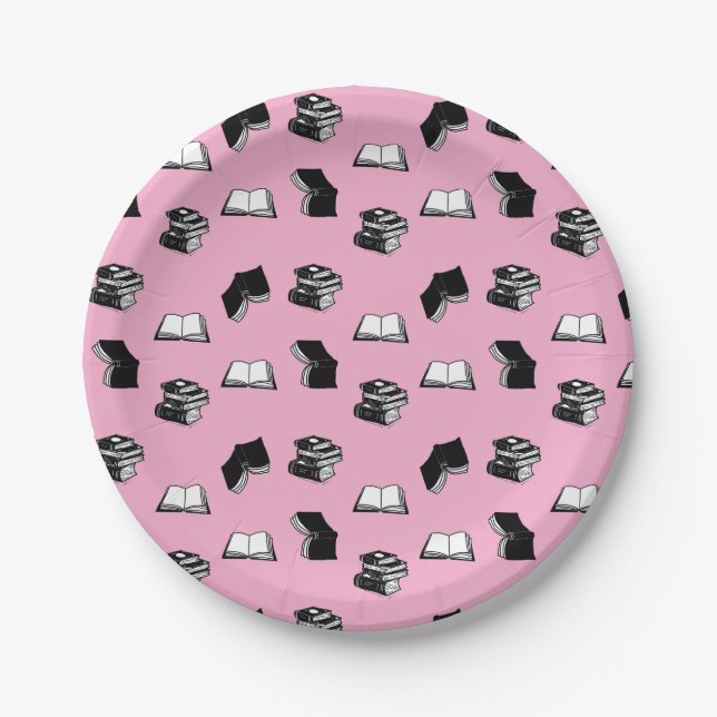 Pink Modern Bookish Bibliophile Book Pattern Paper Plates (Front)