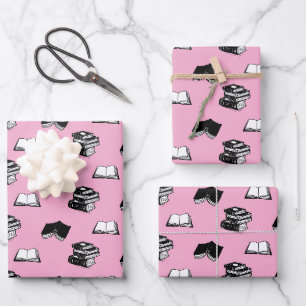 Pink Modern Bookish Bibliophile Book Pattern Wrapping Paper Sheets