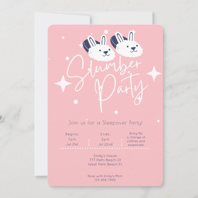 Pink Modern Bunny Slippers Slumber Party Sleepover Invitation (Front)