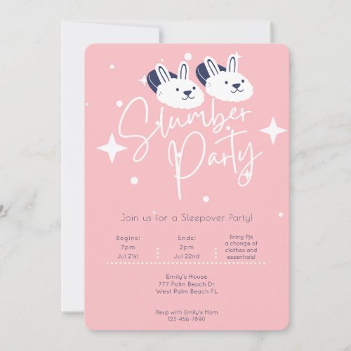 Pink Modern Bunny Slippers Slumber Party Sleepover Invitation