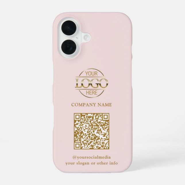 Pink Modern Business Logo & QR Code Promotional iPhone Case (Back)
