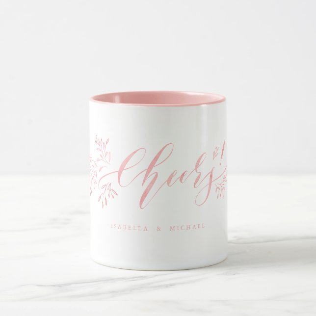 Pink modern calligraphy cheers rustic floral mug (Center)