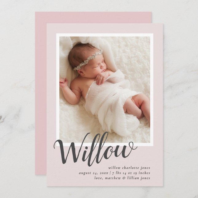 Pink Modern Calligraphy Photo Birth Announcement (Front/Back)
