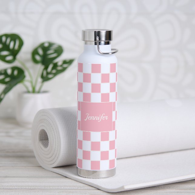 Pink Modern Checkerboard Pattern | Personalized Water Bottle (Yoga)