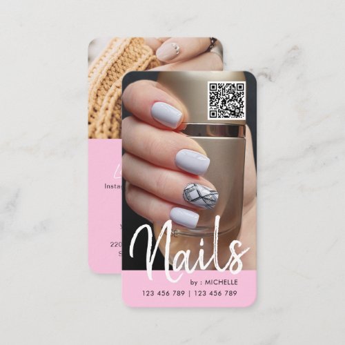 Pink Modern chic QR code nails photo Business Card