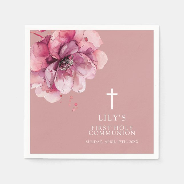 Pink Modern Chic Watercolor Floral Holy Communion Napkins (Front)