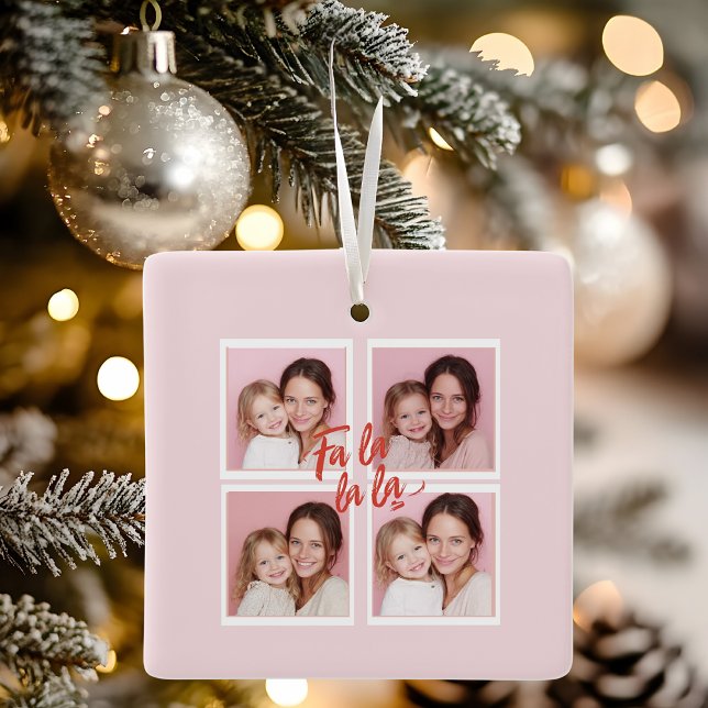 Pink Modern Christmas Photo Collage | Fa la la la Ceramic Ornament (Creator Uploaded)
