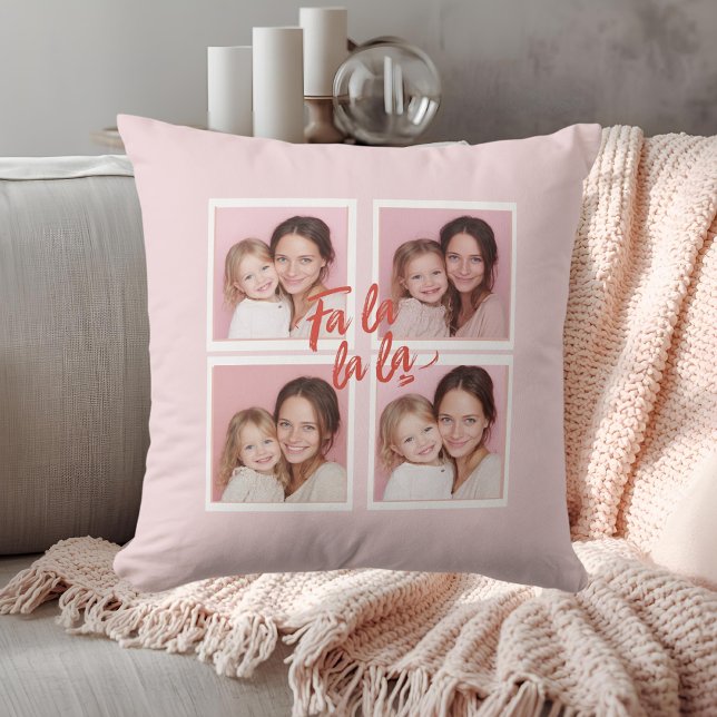 Pink Modern Christmas Photo Collage | Fa La La La Throw Pillow (Creator Uploaded)