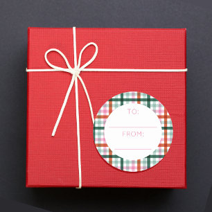 Pink Modern Christmas To From Gingham Classic Round Sticker