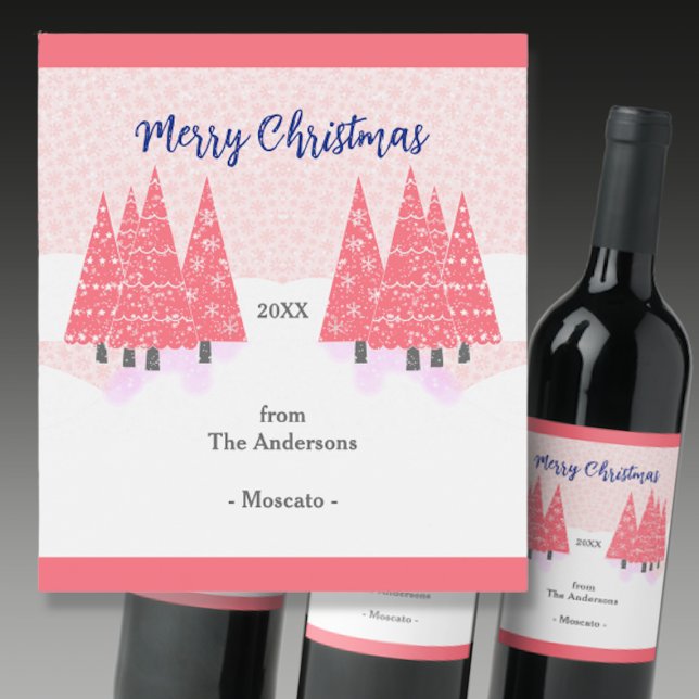 Pink Modern Christmas Trees Wine Label (Creator Uploaded)