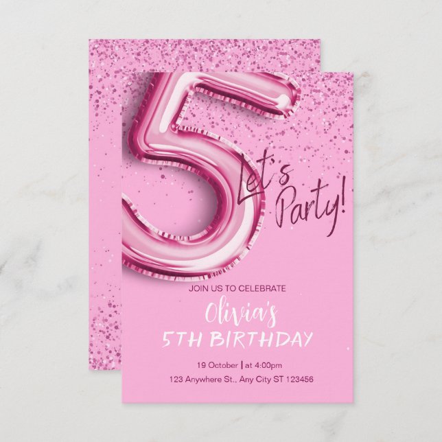 Pink modern Confetti 5th Birthday  Invitation (Front/Back)