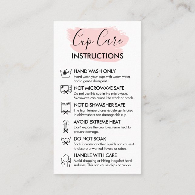 Pink Modern Cup Care Instruction Customizable Logo Business Card (Back)