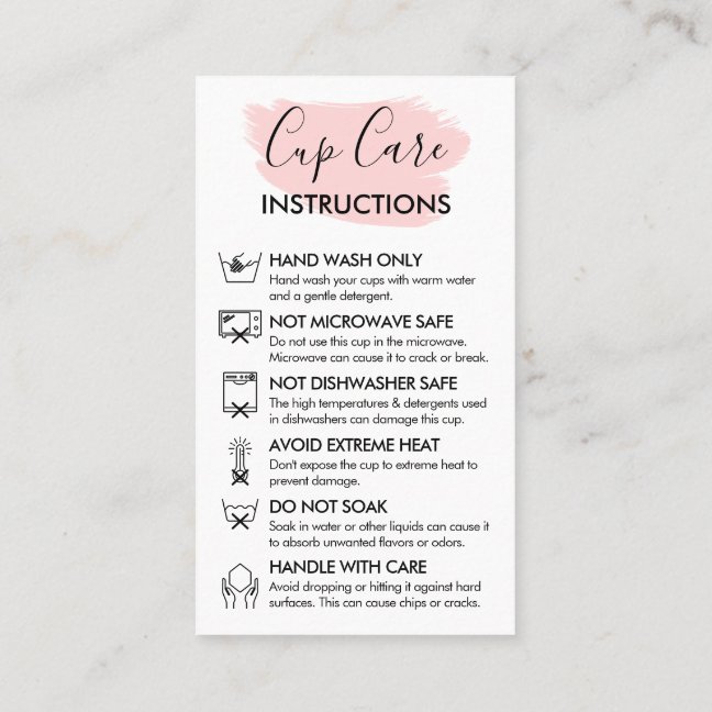Pink Modern Cup Care Instruction Customizable Logo Business Card