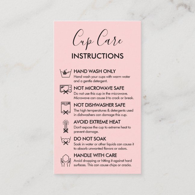 Pink Modern Cup Care Instructions Logo Business Card