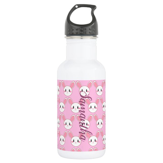 Pink Modern Cute Fluffy Bunny Rabbit Stainless Steel Water Bottle (Front)
