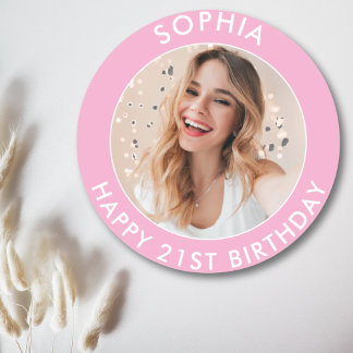 Pink Modern Cute Girl Happy 21st Birthday Photo Classic Round Sticker