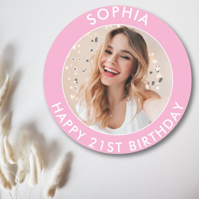 Pink Modern Cute Girl Happy 21st Birthday Photo Classic Round Sticker (Pink Modern Cute Girl Happy 21st Birthday Photo Classic Round Sticker)