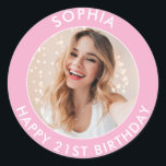 Pink Modern Cute Girl Happy 21st Birthday Photo Classic Round Sticker<br><div class="desc">Cute 21st Birthday Happy Birthday Photo stickers for your son or daughter's birthday party. They feature a cute customizable text and image. Perfect for invitations and party bag goodies.</div>