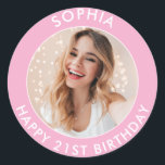 Pink Modern Cute Girl Happy 21st Birthday Photo Classic Round Sticker<br><div class="desc">Cute 21st Birthday Happy Birthday Photo stickers for your son or daughter's birthday party. They feature a cute customizable text and image. Perfect for invitations and party bag goodies.</div>