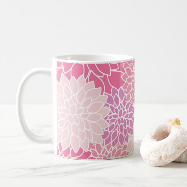 Pink Modern Dahlia Flower Pattern Glass Coffee Mug (With Donut)