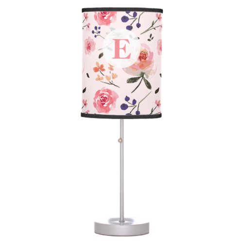 Pink Modern Daisy Floral Pattern Monogram Table Lamp