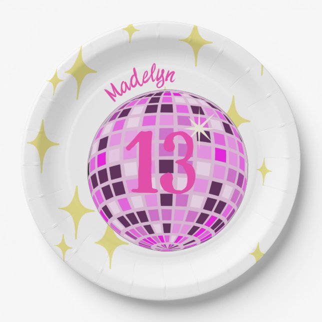Pink Modern Disco Mirror Ball 13th Birthday Paper Plates (Front)
