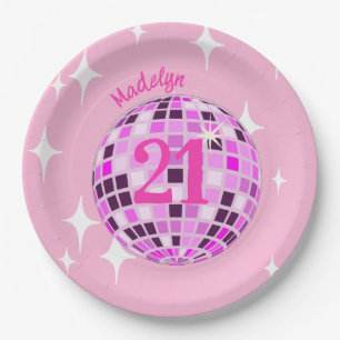 Pink Modern Disco Mirror Ball 21st Birthday Paper Plates